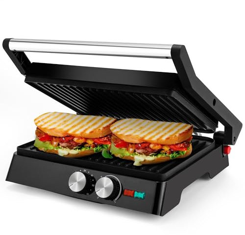Pukomc Kontaktgrill, 1800W Contact Grill Plattengriller mit Antihaftbeschichtung, 60 Minuten Timer, 180º Öffnung，Sandwiches、 Steak und als Panini grill