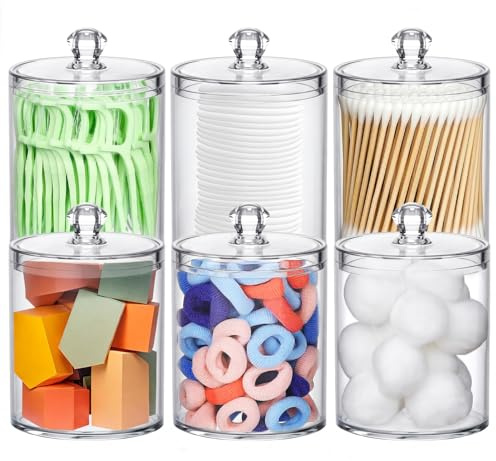 MateeyLife Qtip Holder 6 Pack, Acrylic Q-tip Dispenser for Cotton Pads, Swabs, Balls, Storage Containers for Organizing, Clear Bathroom Canisters with Lid, Apothecary Jars Home Decor Accessories Set