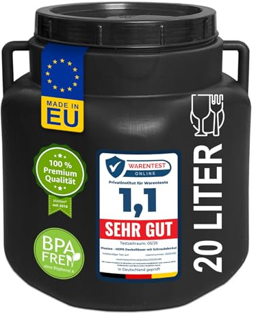 plasteo Weithalsfass 20 Liter mit Deckel - Eckig Schwarz, HDPE Lebensmittelecht BPA-Frei, 20L Eimer Kunststofffass Futtertonne Lagerfass Universalfass