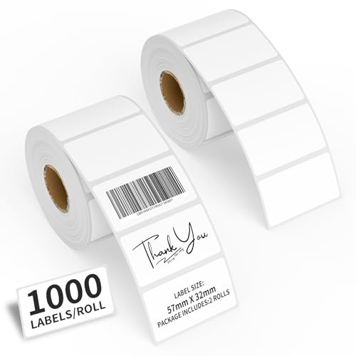 FungLam 2 rouleaux de 2 000 étiquettes autocollantes autocollantes 57 mm x 32 mm étiquettes blanches étiquettes rectangulaires écrites en notes pour marquer les autocollants de boîtes alimentaires