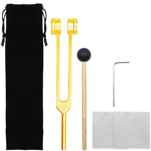 VEGCOO Therapeutische Stimmgabel, Gold, Stimmgabel 128 Hz, Aluminium, Pflege durch Vibration, Stimmgabel, Stimmpfeife bietet einen Frequenzgang, Silikonhammer, Reparaturwerkzeug, Reinigungstuch,