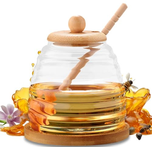 LOMUG Lawei Honigglas mit Löffel und Deckel 300ml Glas Honigtopf Honigbehälter Honigdose Honigdose Honigspender mit Honig Holz Deckel, Versiegelter Glasbehälter, Weithals-Honigvorratsglas