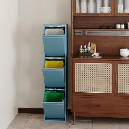 VEEHAUS Poubelle cuisine à rabats acier, 3 bacs, 15 L - 45 L, Bleu