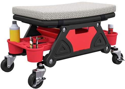 HOMCOM Werkstatthocker mit Rollen Ablagefläche Schublade 35cm hoch Rollhocker bis 135 kg belastbar Arbeitshocker Rollsitz Werkstattsitz für Werkstatt Grau