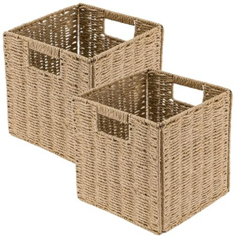 Trintion 2x Faux Wicker Baskets Faux Wicker Organizer Bins with Handles for Shelves Foldable Storage Cubes Storage Baskets for Gifts For Organization & Decoration (Natural, 28x28x28cm)