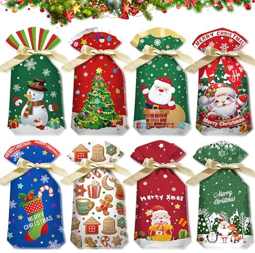 XINDY 40 Weihnachten Geschenkbeutel Weihnachtstüten Kleine Kordelzug Partytüten Geschenktüten Weihnachten Süßigkeiten Tüten Mitgebsel Kekstüten Plätzchentüten Geschenktüte für Kinder Verpacken