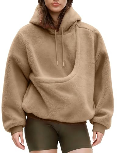 Sherpa huvtröjor med känguru, påse roliga tröjor med kattficka, hund valpbärare vinter varm luddig fleecetröja, söta husdjurshållare toppar, Ton2-khaki, L