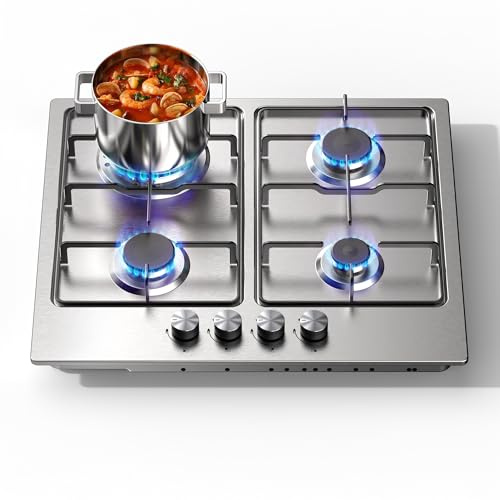 Gas Hob 4 Burners, 60cm Built-in Gas Cooker Hob, Stainless Steel, 7800W | with Flame Failure Protection, NG/LPG Convertible, Easy Clean Surface, Pladeca