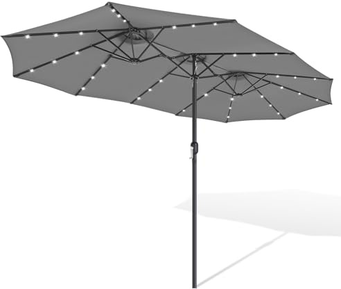 ISOISL Ombrellone doppio rettangolare 394 x 210 cm con LED solare e manovella grande ombrellone da giardino, ombrellone da giardino, ombrellone da giardino, ombrellone da mercato, 12 stecche in