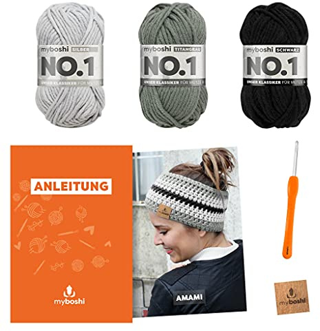 myboshi Häkelset Stirnband Amami, inkl. No.1 Wolle, Nadel und Anleitung, für Mützen und Stirnbänder, Häkelpaket, 30% Merinowolle Grau, mit Häkelnadel