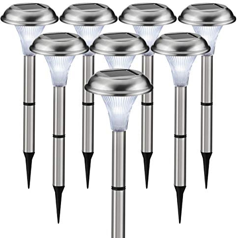 Solar Garden Lights for Outdoor – 8 Brightest Light Set - Beautiful Brushed Stainless Steel - Transform Your Paths, Garden, Flowerbeds and Drive - Easy NO Wires Install - Stylish Design and 30cm Tall