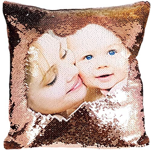 Personalised Sequin Cushion Cover Magic Reveal Printed Photo Gift Custom Made SEQUIN + FREE FILLING (CHAMPAGNE/WHITE)