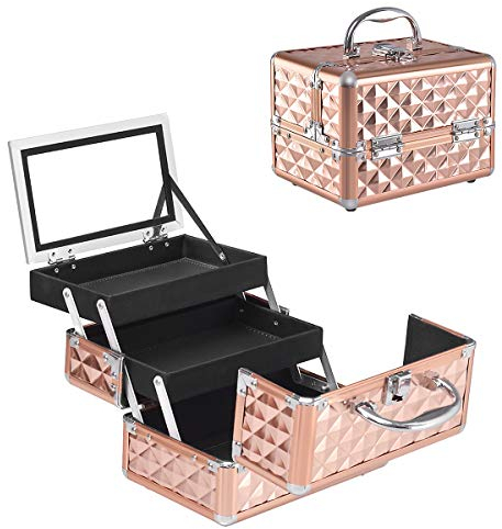 GIANTEX Kosmetikkoffer mit Spiegel, Beauty Make-up Case Schminkkoffer aus ABS und Aluminium, 2 ausziehbare Ablagen, ausklappbarer & tragbarer Etagenkoffer Friseurkoffer Multikoffer (Rosegold)