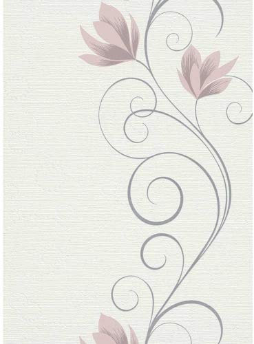 Papier peint motif floral romantique rose & gris | Tapisserie fleurie beige & rose idéale salon | Papier peint intissé chambre fille