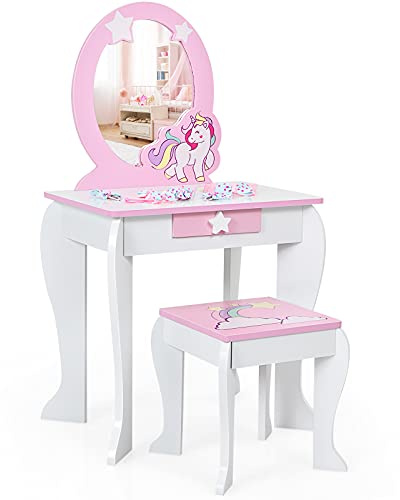 COSTWAY Sminkbord för barn med pall, prinsessa toalettbord med låda och avtagbar spegel, toalettbord, rosa, sminkbord för flickor från 3–7 år (vit)