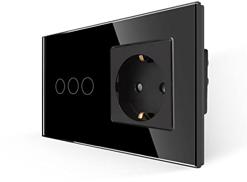 JIMEIDA Presa con interruttore della luce nero, interruttore della luce touch in vetro con presa Schuko da incasso, interruttore da parete a 3 vie 1-polare con LED di stato, 500 W/via