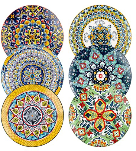 HENXFEN LEAD Ceramic Dessert, Salad Plates 8.5 Inch, Small Dinner Plate Set of 6- Serving Dishes for Thanksgiving & Christmas, Dishwasher & Microwave Safe - Bohemian Style