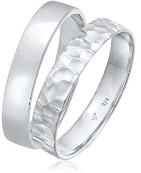 Kuzzoi Herrenringe Ring Set Silber 2 Stück Bandringe poliert 925 Silber | Silberringe für Männer Basic und Hammerschlag Look Ring Set Herren Größe 60 - 66