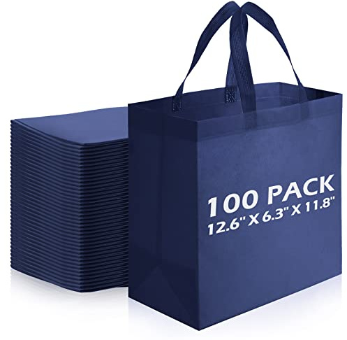 Reginary 100 PCS Reusable Totes Bags - Non Woven Grocery Handle Bags for Shop Events & Retail Store(Navy Blue)