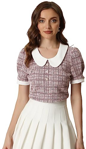 Allegra K Puff Sleeve Tops for Women's Vintage Tweed Peter Pan Collar Shirt