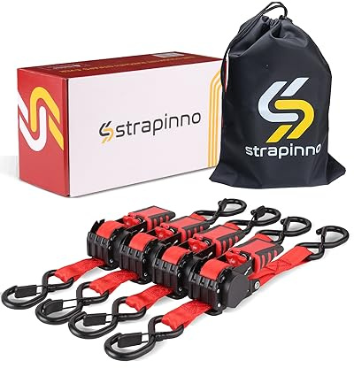 Strapinno Infällbara spännband med spärr, med gummerat stålhandtag, S-krokar, brottstyrka 680 kg per band, 4-pack, 2,5 x 183 cm (rött band, svart belagt spänne)