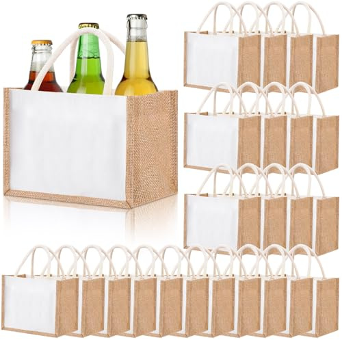 Cunno 24 Pcs Burlap Tote Bag Mini Jute Reusable Waterproof Bag with Handles Small Blank Canvas for Wedding Beach DIY Gift(Elegant,9.06 x 6.3 x 5.12)