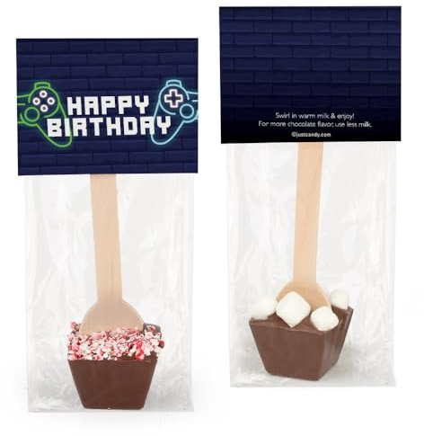 12 Pcs Birthday Hot Chocolate Spoons Gourmet Milk Chocolate Favors with Mini Marshmallows (12 Pack) Video Game Party Favors & Gifts