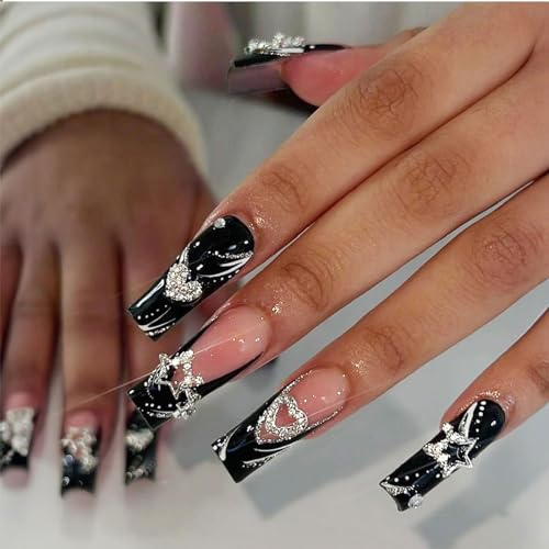 Goiern 24pcs Press on Nails Long Rhinestone Pink Fake Nails Black Nails Square Bling Glossy 3D Flower False Nail Tips Artificial Nails Finger Manicure for Women and Girls