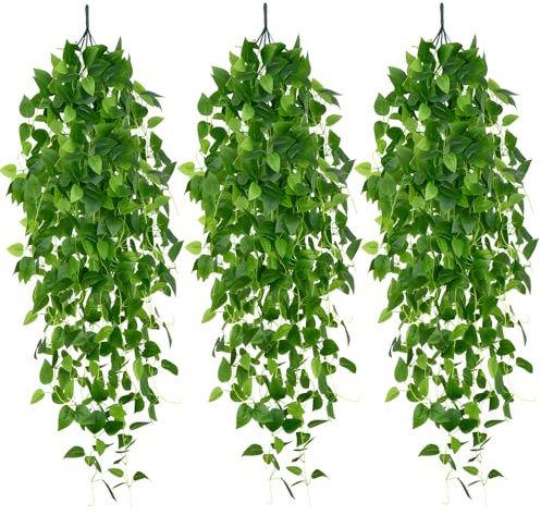 Vautvis Plantas Artificiales Colgantes, 3 Piezas Planta Colgante Hiedra Verde Artificiales, Plantas Artificiales Decorativas, Hojas Verdes Plantas Colgantes Artificiales para Oficina, Jardín, Casa