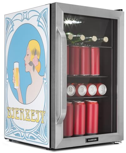 Nevera Klarstein 70L, Minifrigorífico silencioso con estantes extraíbles, puerta de cristal y LED, Apta para exteriores, 0-10°C