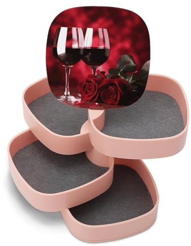 EKYOSHCZ Jewelry Organizers Roses And Glasses of Red Wine Rotatable Jewelry Boxes 4-Layer Earring Holder for Women Travel Jewelry Case Organizer Tray for Rings Bracelets Necklaces Earrings Gifts
