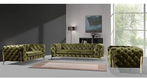 S-Style Möbel Set Sofa 3 Sitzer 2 Sitzer Sessel Couch 3 Stück Metallbeine Gold Elegant Gesteppt Freistehend Milton Olive