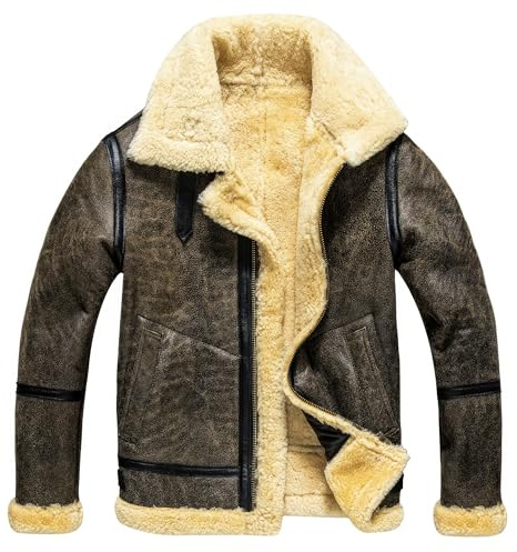Herren Bomberjacke aus natürlichem Schaffell, warm, B3, Winterjacke, Lammfelljacke, Militär-Stil, Echtleder-Mäntel, Braun: Echtes Leder, 3XL