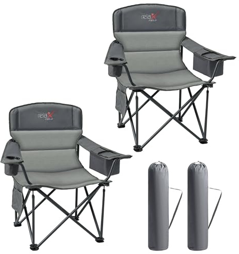 RELAX FIELD överdimensionerad hopfällbar campingstol, bär 200 kg, vaddad med kopphållare och kylväska, slitstark stålram, bärväska inkluderad, ideal för balkong, fiske, strand, grå