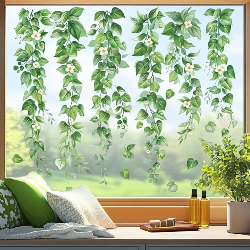 wondever Fensterbilder Hängender Rebe Grün Pflanzen Blätter Fenstersticker | Wiederverwendbar, Doppelseitig Statisch PVC Fensterdeko, Fenster Vogelschutz, Frühling Deko für Glas Tür Wohnzimmer Küche