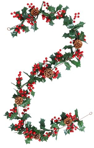 175 cm künstliche Stechpalmenbeeren-Girlande, Weihnachts-Stechpalmen-Girlande, rote Beere, grüne Blätter, Brunch-Prelit-Girlande, rote Beeren, künstliche rote Beeren-Girlanden, Weihnachten,