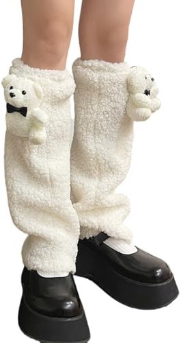 Yilingjc Ästhetische Beinstulpen aus Fleece, niedliche Bärenpuppen, für Damen und Teenager, Mädchen, Winter, pelzige Plüsch-Stiefelüberzüge