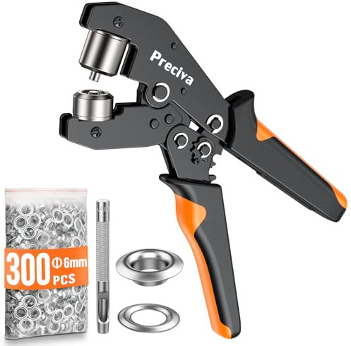 Magnetic Eyelet Pliers, Preciva 6mm Eyelets Punch Kit with 300pcs Silver Metal Grommets, Fabric/Leather Hole Puncher Grommet Tool for Clothes, Shoes, Bags, PVC Banners, Tarpaulins, Cardboard