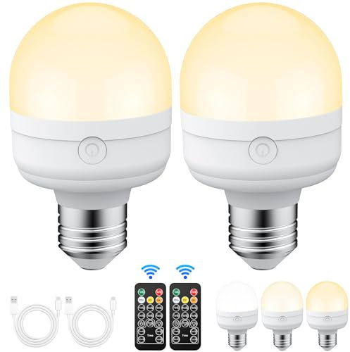 BOOTEEK 2 Stück Wiederaufladbare Glühbirne mit Fernbedienung, 3 Farbtemperaturen, Dimmbare E27/E26 Abnehmbare LED Glühbirne mit Timing-Funktion, Akku Glühbirne für Nicht Verkabelte Lampen, Dekoration