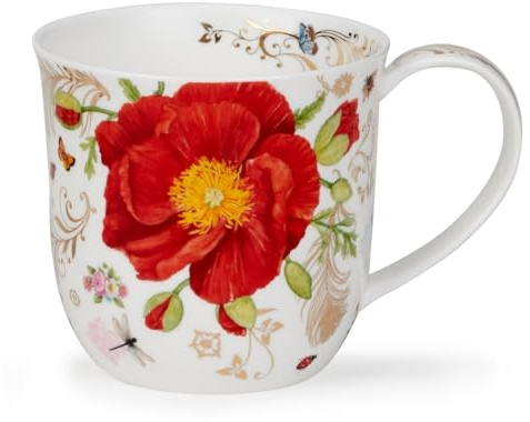 Dunoon Cumbrae Vintage Rouge Poppy - Taza de porcelana fina de 0,45 litros con detalles dorados de 22 quilates