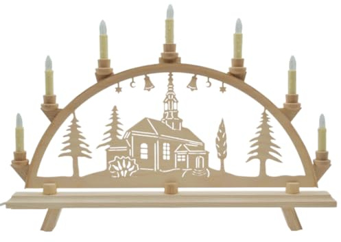 Erzwelt - Lichterbogen DBR55 – Schwibbogen aus Holz – Leuchtbogen mit 7 Kerzen – Original Erzgebirge Fensterbogen – handgemachte Weihnachtsdeko – Motiv Kirche – 55 x 37 x 5 cm