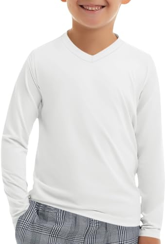 Haloumoning pojkar v-ringad UV-skjorta UPF 50+ barn snabbtorkande V-hals långärmad tröja mjuk enfärgad t-shirt långärmad, Vit, 11-12 år