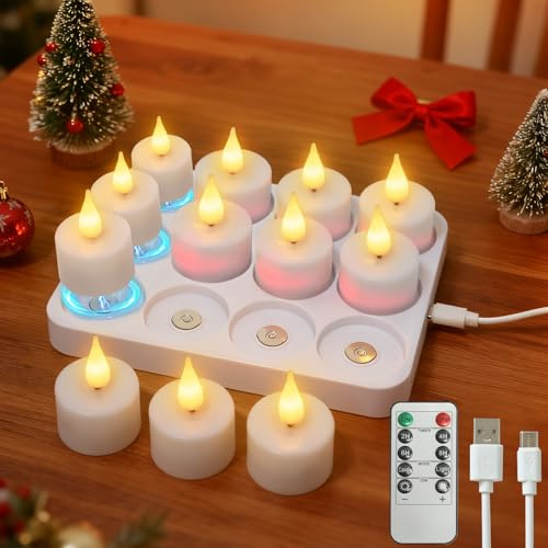 12 Stück Wiederaufladbare Teelichter mit Fernbedienung Timer Ladestation | Elektrische Flackereffekt Weihnachts LED Kerzen für Tisch Raum Halloween Weihnachten Zimmer Deko (Warmweiß)