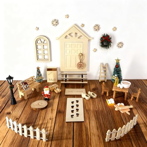 MhyzorMhz Wichtel Zubehör, Wichtel Set Weihnachten Komplett, 45 Stück Wichteltür Backset, Leiter, Kranz, Tisch, Bank, Weihnachtswichtel Weihnachtsbaum Zaun Weihnachtsmann DIY Geschenke für Kinder