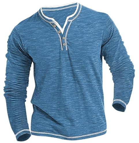 Camisa Henley de manga larga para hombre, solapa atlética con botones frontales, tela ligera para uso durante todo el día, textura suave lavada, camiseta básica clásica atemporal para uso diario