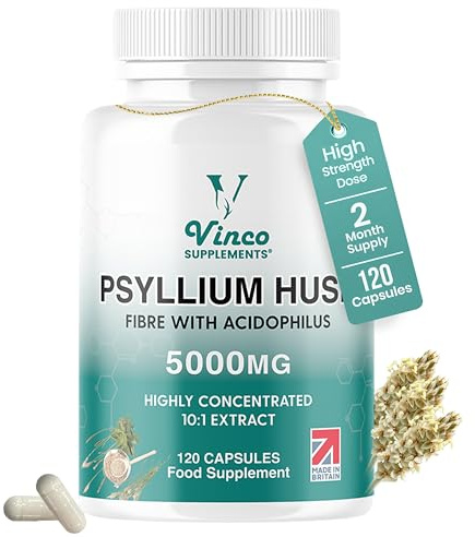 Vinco Fibre Supplement 5000mg Psyllium Husk with Acidophilus - High Strength Natural Soluble Fiber from Plantago Ovata Seeds for Digestive Health and Gut Support - 120 Psyllium Husks Capsules