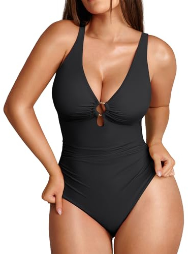 FeelinGirl Women's One-Piece Swimsuits Tummy Control Swimsuits for Women Bathing Suit for Women Tummy Control with Deep V Neck Design Plus Size Bathing Suits Black 3XL