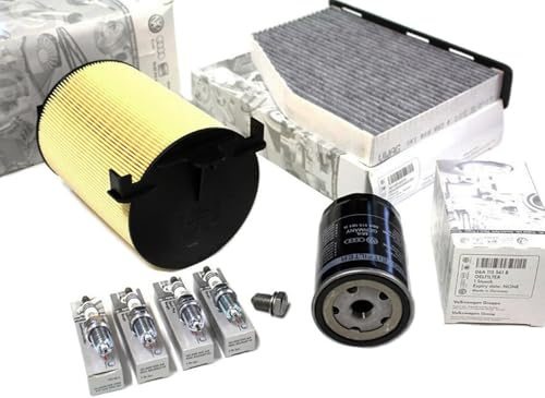 Original Filterpaket A3 8P Golf 5 6 Jetta Caddy Passat 3C Touran 1.6L Motor | Filter Inspektionspaket 4-teilig großer Service Öl Luft Pollenfilter Zündkerzen 1.6L (102PS) für BGU BSE BSF CCSA CHGA