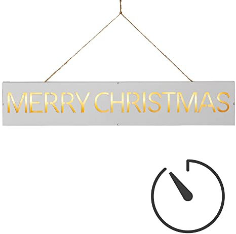hellum LED Schriftzug mit timer, Schriftzug Merry Christmas, Leuchtbuchstaben aus Holz, 12 warm-weiße LED, batteriebetrieben (3xAA nicht inkl.!) 48x9cm, Deko Fensterbank, Weihnachten 521405