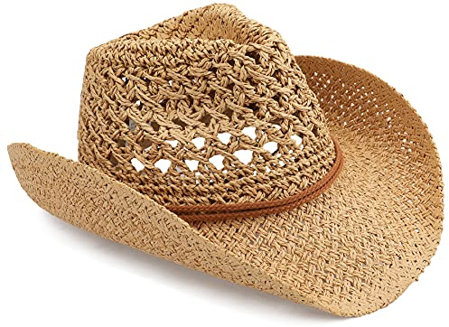 Melesh Cowboyhut für Erwachsene, Sonnenhut aus Stroh, Westernhut, Khaki, Einheitsgröße